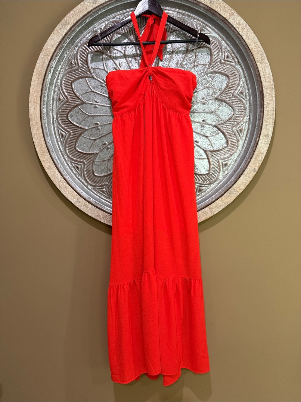Staccato Coral Red Halter Tie- Neck Smock Back Maxi Dress NWOT